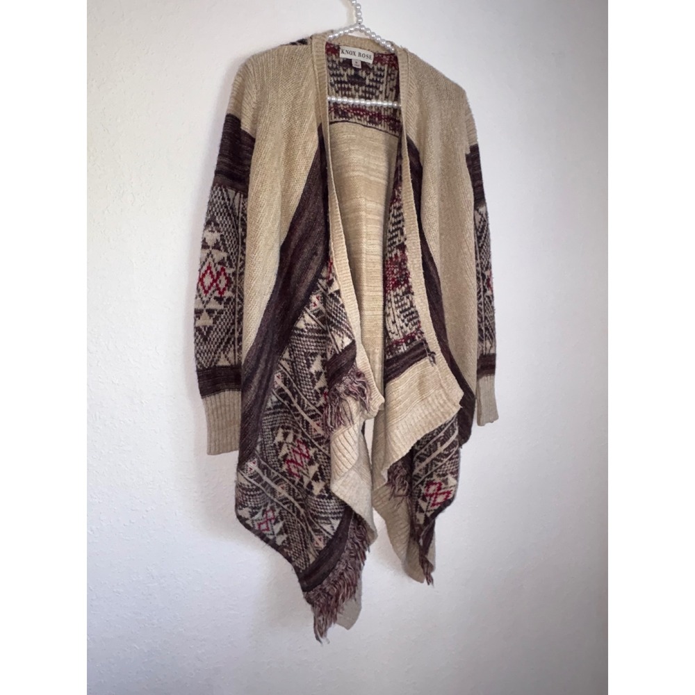 Knox Rose Women's Beige Southwestern Tribal Fringe Cardigan Sweater - Picture 2 of 9